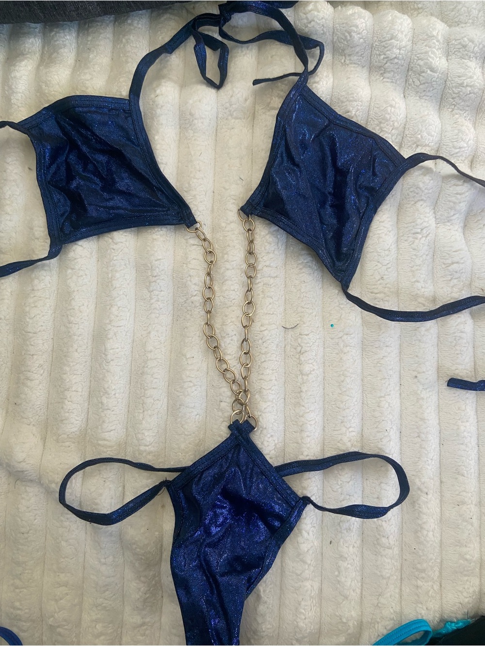 Navy Shimmer Chain-Detail Stripper Bikini Set